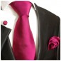 Preview: Krawatte pink beere uni satin mit Einstecktuch und Manschettenknöpfe
