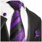 Preview: Krawatte lila schwarz barock gestreift mit Einstecktuch und Manschettenknöpfe