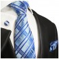 Preview: Krawatte hellblau und dunkelblau mit Einstecktuch und Manschettenknöpfe gestreift 2018