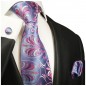 Preview: Krawatte blau pink mit Einstecktuch und Manschettenknöpfen geblümt 1011
