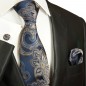 Preview: Krawatte blau braun gold mit Einstecktuch und Manschettenknöpfe paisley Seide 2043