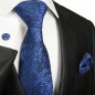 Preview: Krawatte blau barock mit Einstecktuch und Manschettenknöpfe Seide 2050