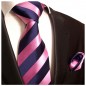 Preview: Krawatte dunkelblau pink gestreift mit Einstecktuch 453
