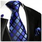Preview: Krawatte blau schwarz kariert mit Einstecktuch und Manschettenknöpfen 480