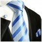 Preview: Krawatte blau gestreift hellblau und dunkelblau mit Einstecktuch und Manschettenknöpfe 763