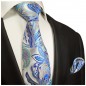 Preview: Krawatte silber mit Einstecktuch blau paisley brokat 2019