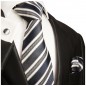 Preview: Krawatte dunkelblau mit Einstecktuch und Manschettenknöpfe gestreift 437