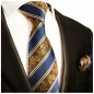 Preview: Krawatte blau mit Einstecktuch gold braun floral gestreift Seide 390