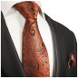 Preview: Krawatte orange mit Einstecktuch und Manschettenknöpfe blau paisley brokat seide 2023
