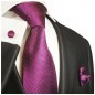 Preview: Krawatte fuchsia gestreift Seide mit Einstecktuch und Manschettenknöpfe