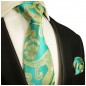Preview: Krawatte türkis mit Einstecktuch gelb paisley brokat 2024