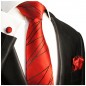 Preview: Krawatte rot schwarz gestreift Seide mit Einstecktuch und Manschettenknöpfe