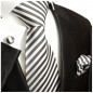 Preview: Krawatte anthrazit weiß gestreift Seide mit Einstecktuch und Manschettenknöpfe