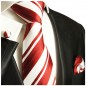 Preview: Krawatte rot weiß gestreift mit Einstecktuch und Manschettenknöpfe
