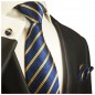 Preview: Blaue Krawatte mit Einstecktuch gelbe Streifen 2021