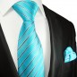 Preview: Krawatte türkis gestreift mit Einstecktuch 2099