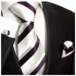Preview: Krawatte silber weiß lila gestreift mit Einstecktuch und Manschettenknöpfe