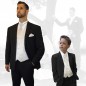 Preview: Partnerkombi - schwarz und elfenbein/ivory Hochzeitsanzug Set 7tlg + Festlicher Jungenanzug Set 5tlg