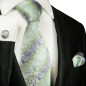 Preview: Krawatte grün blau mit Einstecktuch und Manschettenknöpfe paisley 2058
