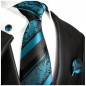 Preview: Krawatte aqua blau mit Einstecktuch und Manschettenknöpfe barock gestreift Seide 2036