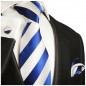 Preview: Blaue Krawatte mit Einstecktuch gestreift Seide