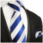 Preview: Krawatte blau gestreift mit Einstecktuch Seide 405
