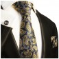 Preview: Krawatte marine blau mit Einstecktuch und Manschettenknöpfe gold paisley Seide 365