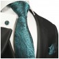 Preview: Krawatte aqua blau floral mit Einstecktuch und Manschettenknöpfen 373