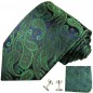 Preview: Krawatte grün paisley Seidenkrawatte - Seide - Krawatte mit Einstecktuch und Manschettenknöpfe