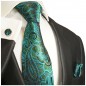 Preview: Krawatte türkis mit Einstecktuch und Manschettenknöpfe grün paisley 2008