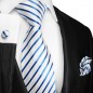 Preview: Krawatte blau weiss gestreift mit Einstecktuch und Manschettenknöpfen Seide 2105