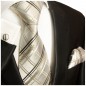 Preview: Krawatte ivory gold braun gestreift mit Einstecktuch und Manschettenknöpfe