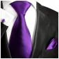 Preview: Krawatte lila Seide uni satin mit Einstecktuch und Manschettenknöpfe