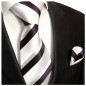 Preview: Krawatte silber weiß lila gestreift mit Einstecktuch