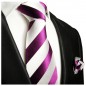 Preview: Krawatte pink weiß Seide gestreift mit Einstecktuch