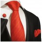 Preview: Krawatte rot uni gestreift Seide mit Einstecktuch und Manschettenknöpfe