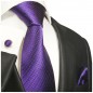 Preview: Krawatte lila violett gestreift Seide mit Einstecktuch und Manschettenknöpfe