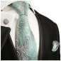 Preview: Krawatte türkis mit Einstecktuch und Manschettenknöpfe grau paisley 2016