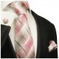 Preview: Krawatte pink grau weiß Seide gestreift mit Einstecktuch und Manschettenknöpfe