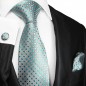 Preview: Krawatte grau türkis kariert mit Einstecktuch und Manschettenköpfen 2059