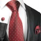 Preview: Krawatte rot gepunktet Seide mit Einstecktuch und Manschettenknöpfe
