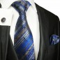 Preview: Krawatte blau gold gestreift mit Einstecktuch Seide 2100