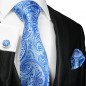 Preview: Krawatte hellblau und royal blau mit Einstecktuch und Manschettenknöpfe paisley 2102
