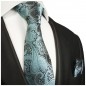 Preview: Krawatte tuerkis mit Einstecktuch grau paisley Seide 590