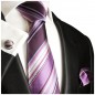 Preview: Krawatte lila violett gestreift Seide mit Einstecktuch und Manschettenknöpfe