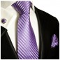 Preview: Flieder Krawatte gestreift Seide mit Einstecktuch und Manschettenknöpfe