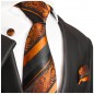 Preview: Krawatte orange schwarz barock gestreift mit Einstecktuch und Manschettenknöpfe