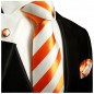 Preview: Krawatte orange weiß gestreift mit Einstecktuch und Manschettenknöpfe