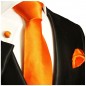Preview: Krawatte orange uni satin Seide mit Einstecktuch und Manschettenknöpfe