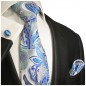 Preview: Krawatte silber mit Einstecktuch und Manschettenknöpfe blau paisley brokat 2019